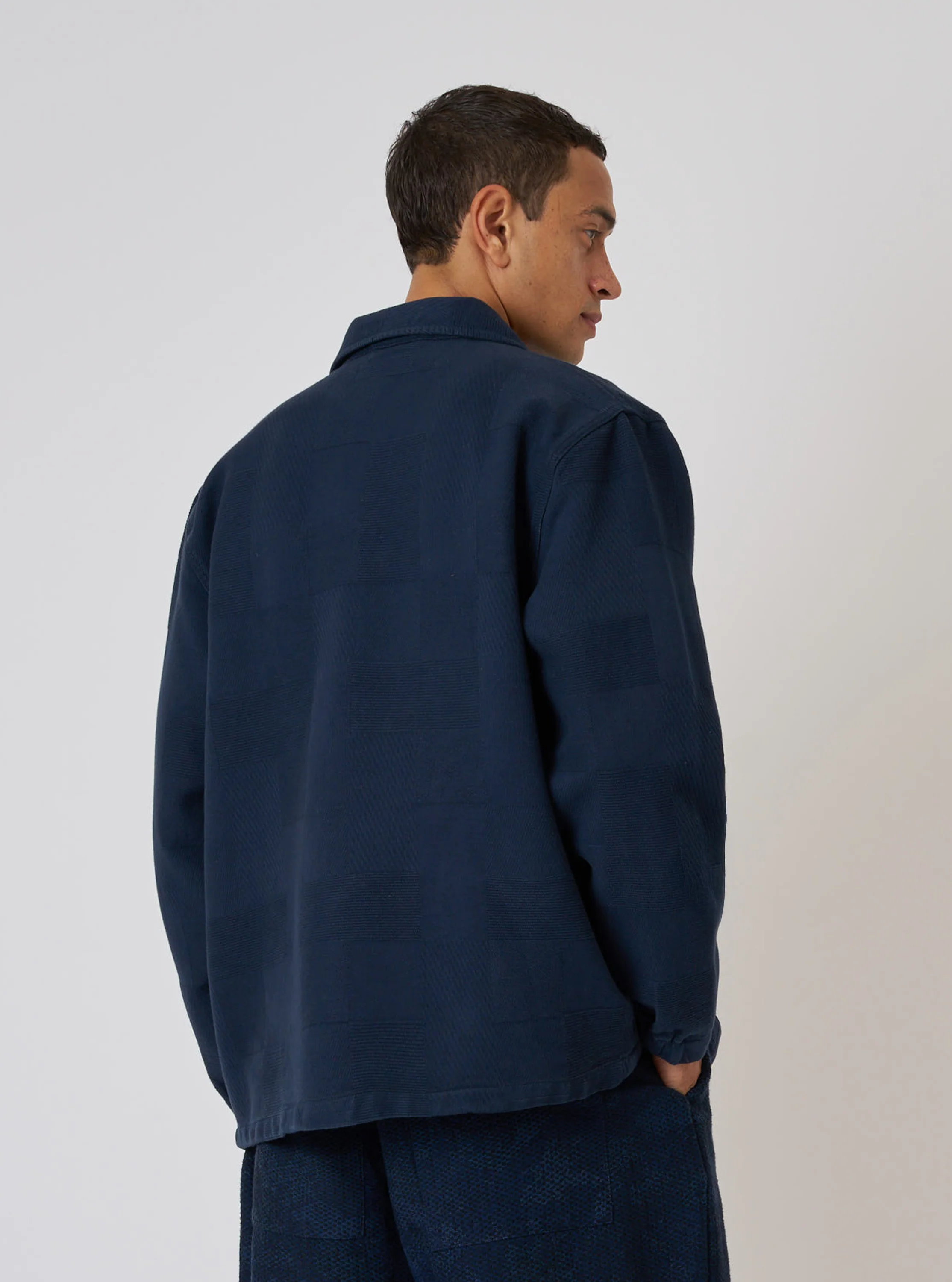 Dark Navy Patchwork Weave Cotton Labour Jacket - Image 3