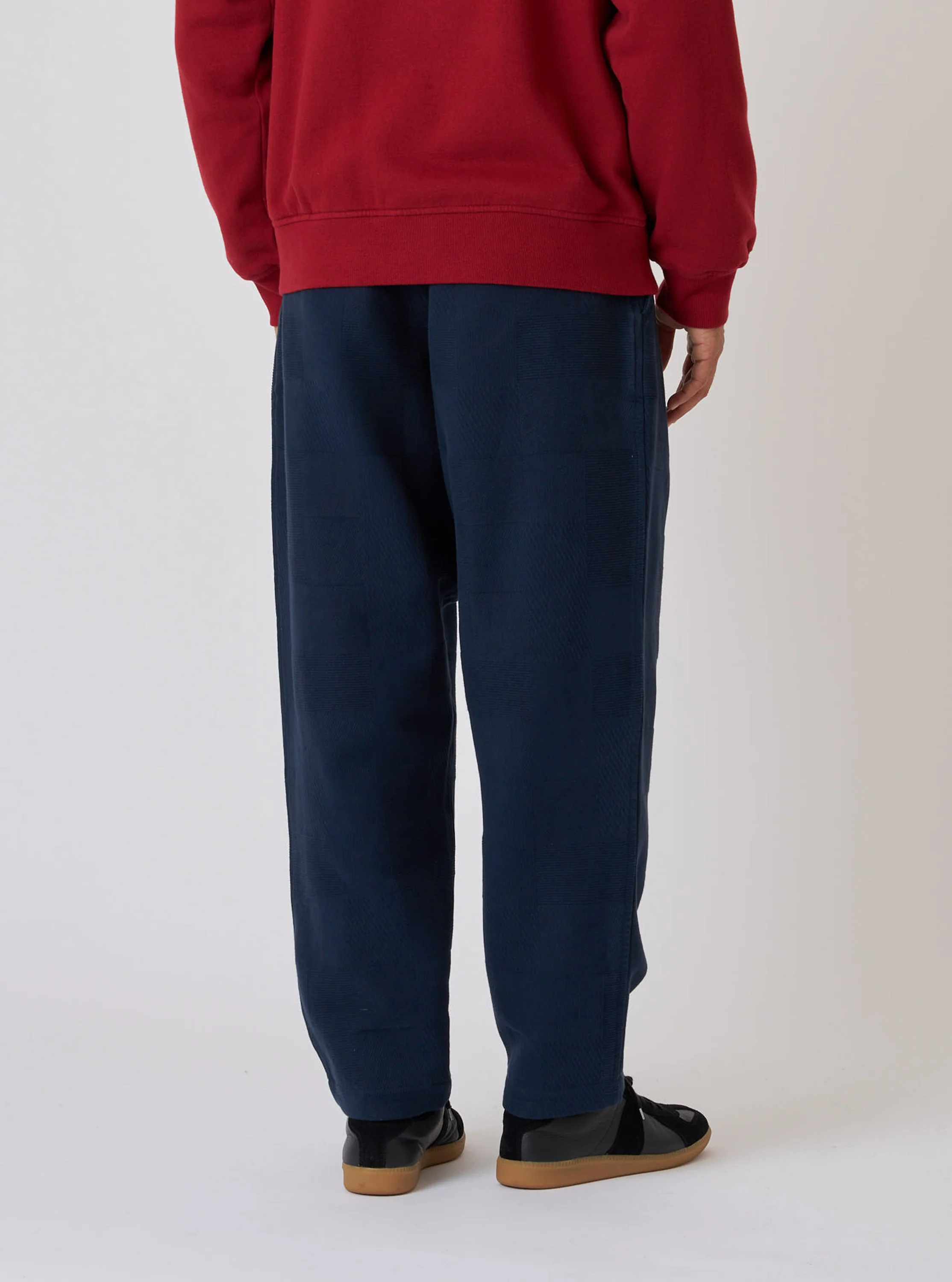 Dark Navy Patchwork Weave Cotton Pleated Track Pant - Image 3