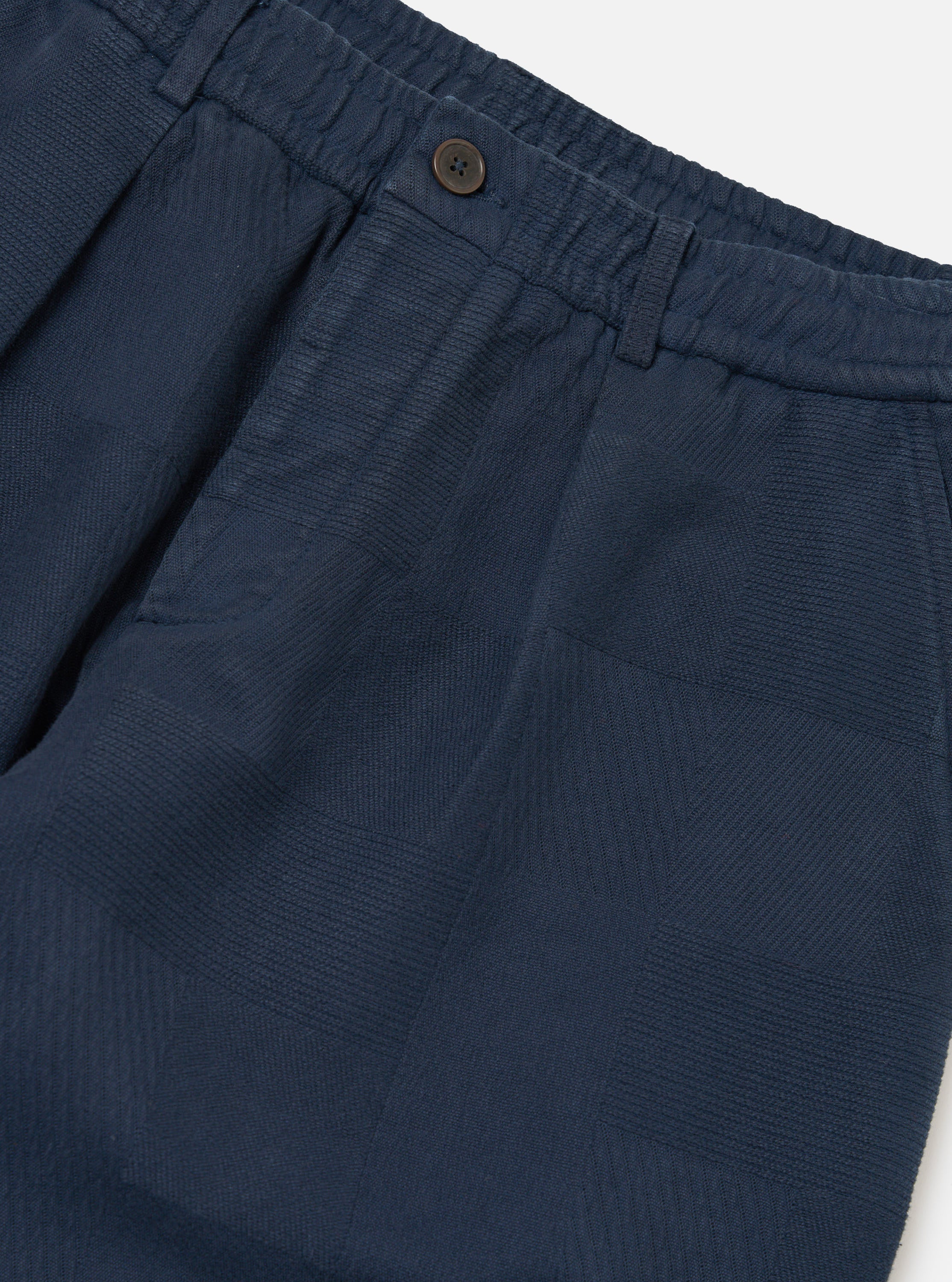 Dark Navy Patchwork Weave Cotton Pleated Track Pant - Image 6